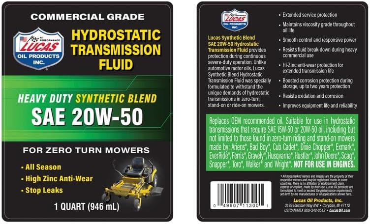 Lucas Oil 11300 Synthetic Blend SAE 20W-50 Hydrostatic Transmission Fluid - 1 Quart