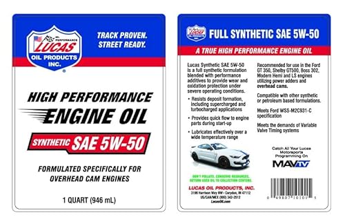Lucas Oil 10101 Synthetic SAE 5w50 Oil, 1 Quart, 1 Pack