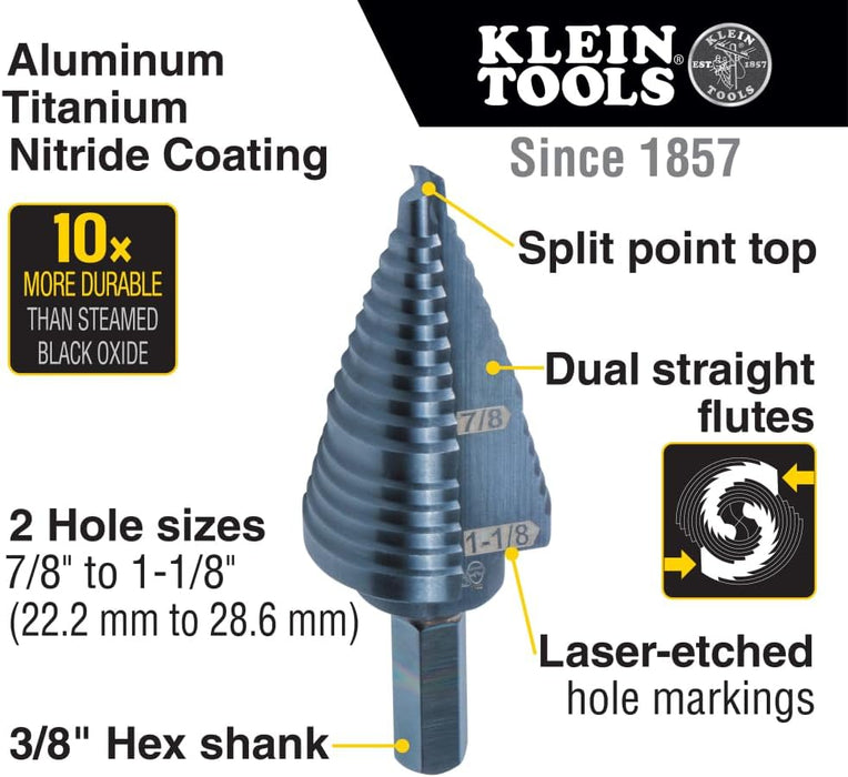 Klein Tools KTSB11 2-Step Drill Bit, 3/8-Inch Hex, Double Straight Flute, 7/8-Inch to 1-1/8-Inch