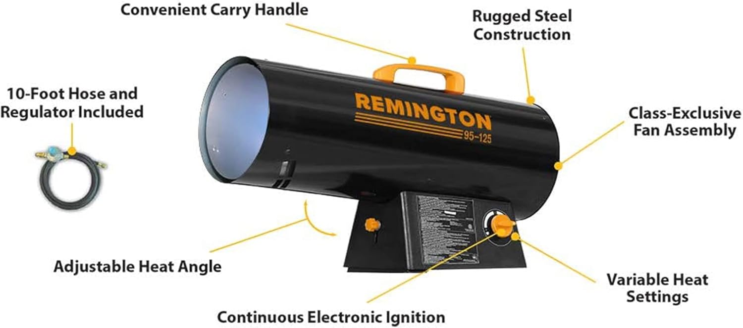 Remington REM-125V-GFA-O 125,000 BTU LP Propane Forced Air Heater, For Warehouses, Construction Sites, and Workshops