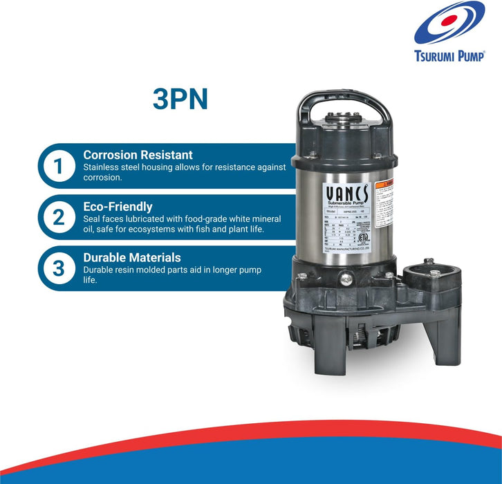 Tsurumi 3PN 1/3hp, 115V Pond & Waterfall Pump, Stainless Steel, 3540 GPH