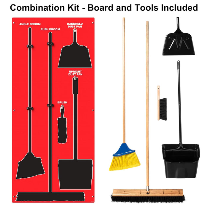 Clean & Sweep 5S Shadow Board/Wall Mount Broom Holder, 68" x 30" Board, 5S Cleaning Station - with Broom and Dustpan Set Included, PSB116RDBK Red/Black Accu-Shield
