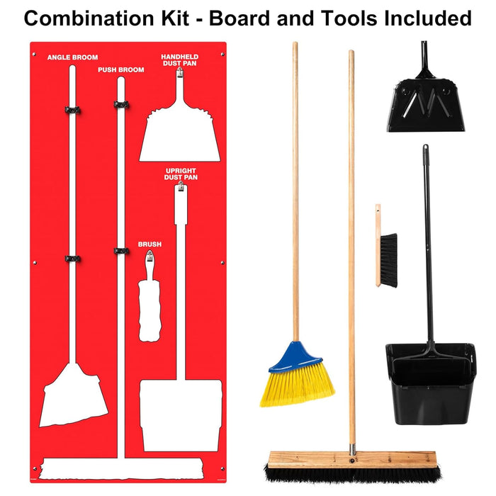 Clean & Sweep PSB116RDWT 5S Shadow Board/Wall Mount Broom Holder, 68" x 30" Board, 5S Cleaning Station with Broom and Dustpan Set Included, Red/White