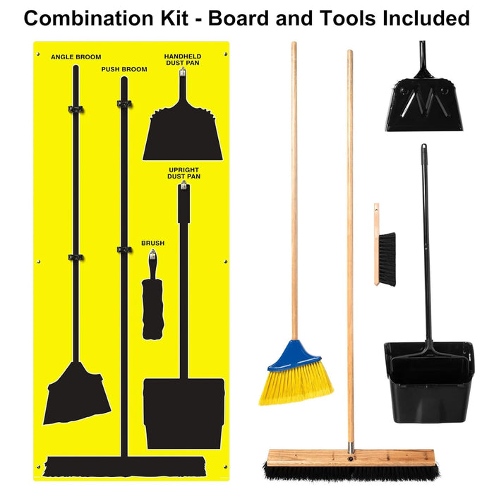 Clean & Sweep 5S Shadow Board/Wall Mount Broom Holder, 68" x 30" Board, 5S Cleaning Station - with Broom and Dustpan Set Included, PSB116YLBK Yellow/Black Accu-Shield