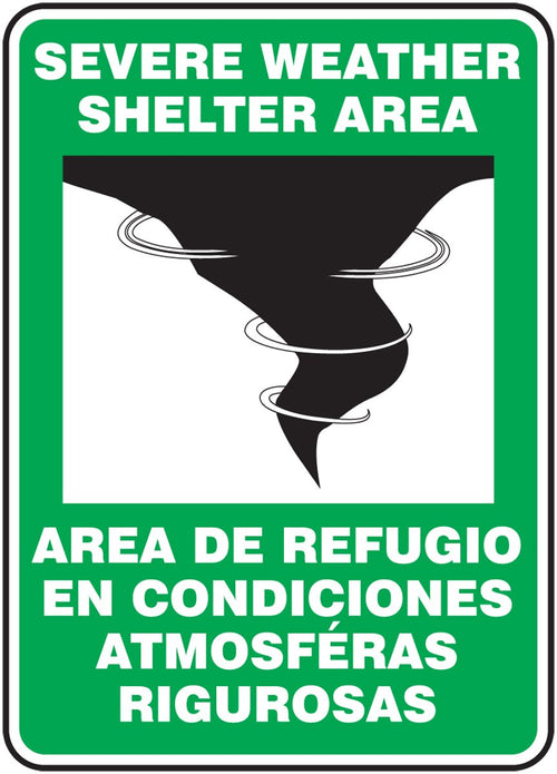Accuform SBMFEX524XV Spanish-Bilingual Adhesive Dura-Vinyl Sign, Legend "Severe Weather SHELTER Area", 14" Length x 10" Width x 0.006" Thickness, Black/Green on White