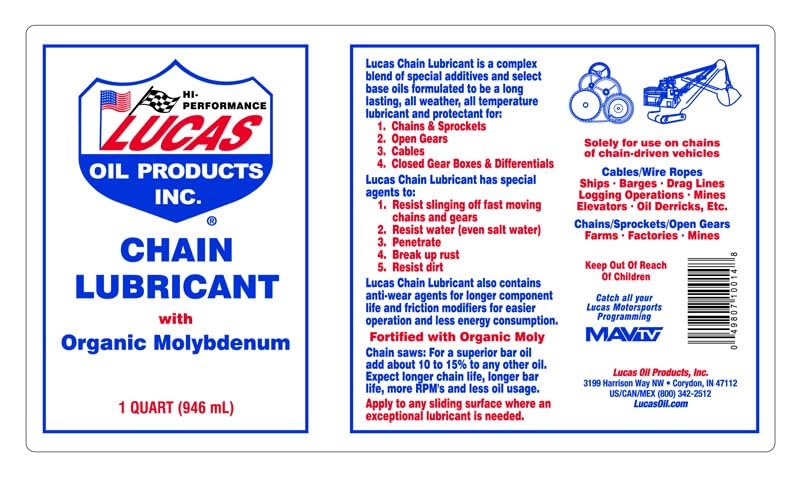 Lucas Oil 10014 Chain Lubricant with Organic Molybdenum, 1 Quart