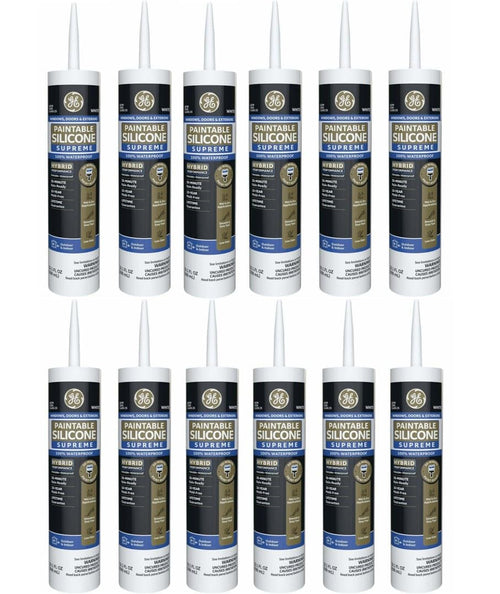 GE Supreme Paintable Silicone Caulk for Window & Door, White, 9.5 fl oz Cartridge, 100% Waterproof Silicone Sealant, 7X Stronger Adhesion, Freeze & Sun Proof (Pack of 12)