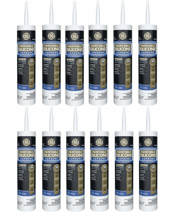 GE Supreme Paintable Silicone Caulk for Window & Door, White, 9.5 fl oz Cartridge, 100% Waterproof Silicone Sealant, 7X Stronger Adhesion, Freeze & Sun Proof (Pack of 12)