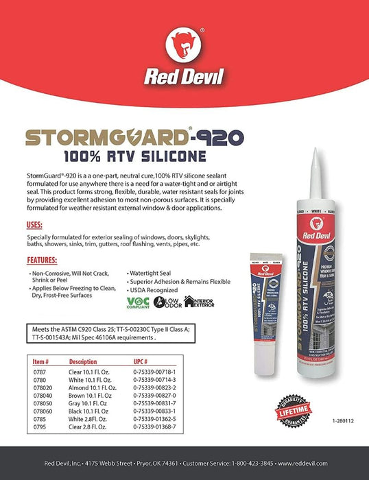 Red Devil 0787 StormGuard-920 100% RTV Silicone Window and Door Sealant, Clear, 10.1 oz. (Pack of 1)