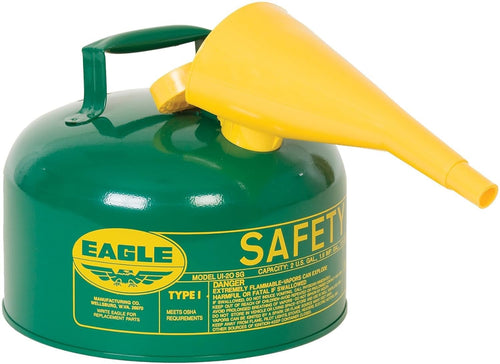 Eagle 2 Gallon Type I Green Safety Gas Can for Oil and Other Combustibles with Flame Arrester, Self-Closing Lid, and F-15 Funnel, Made in the USA, Galvanized Steel Flammable Storage Can, UI20FSG