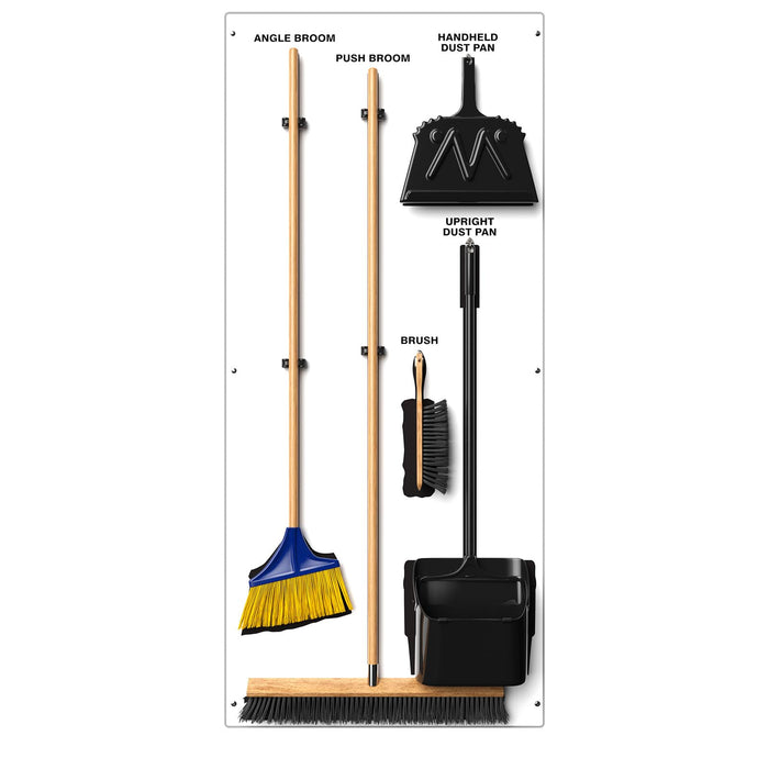 Clean & Sweep PSB616WTBK 5S Shadow Board/Wall Mount Broom Holder, 68" x 30" Board, 5S Cleaning Station with Broom and Dustpan Set Included, White/Black