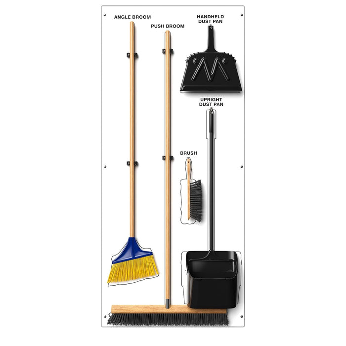 Clean & Sweep 5S Shadow Board/Wall Mount Broom Holder, 68" x 30" Board, 5S Cleaning Station - with Broom and Dustpan Set Included, PSB616WTWT White/White Max-Duty Aluminum