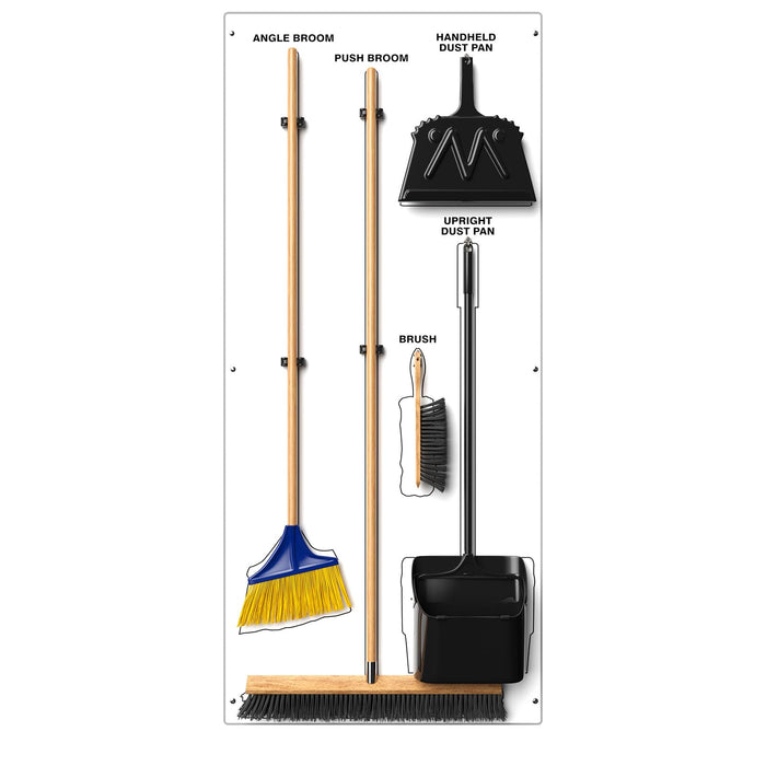 Clean & Sweep 5S Shadow Board/Wall Mount Broom Holder, 68" x 30" Board, 5S Cleaning Station - with Broom and Dustpan Set Included, PSB616WTWT White/White Max-Duty Aluminum