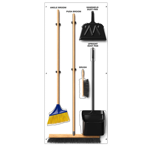 Clean & Sweep PSB716WTWT 5S Shadow Board/Wall Mount Broom Holder, 68" x 30" Board, 5S Cleaning Station with Broom and Dustpan Set Included, White/White