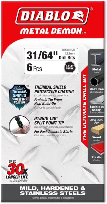 Diablo DMD3164JB Metal Demon Drill Bit with Thermal Shield Protective Coating for Mild, Hardened and Stainless Steel - 5.9" Length, 31/64" Dia., 3-Flats Shank