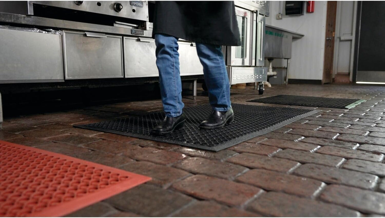 NoTrax 3' x 10' Anti-Fatigue Lightweight Restaurant Rubber Floor Mat with Drainage Holes, Beveled Edges, Non-Slip Mats, Red, T30 Competitor, T30S0310RD 3' x 10' Red Solid