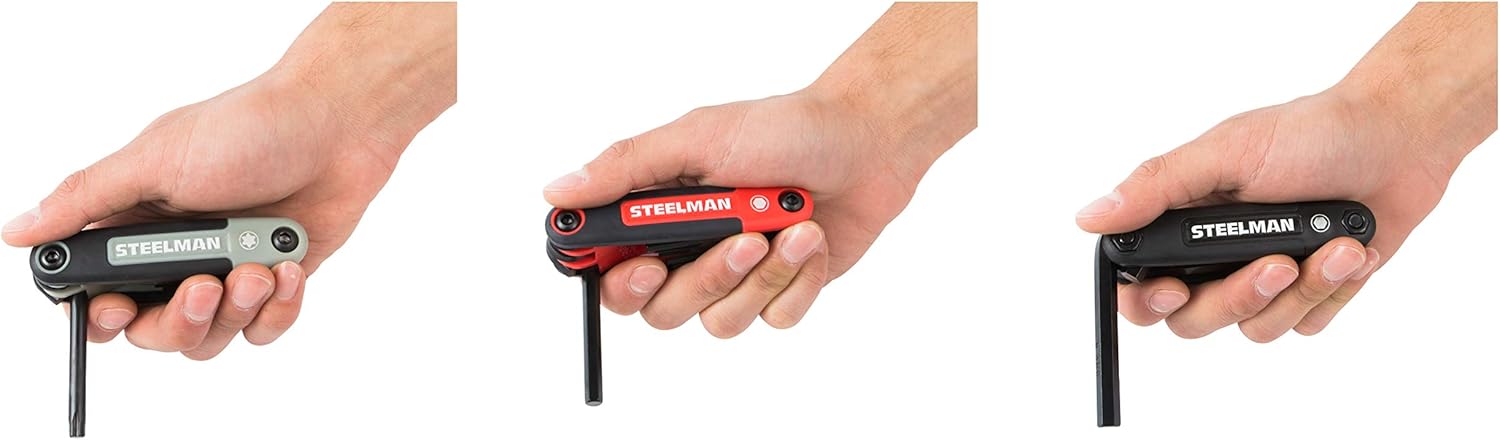 Steelman 41928 3-Piece Set Folding Hex Key Wrench Tools, SAE, Metric, and Torx Allen Wrench Sets, Chamfered Ends, Rubberized Grip