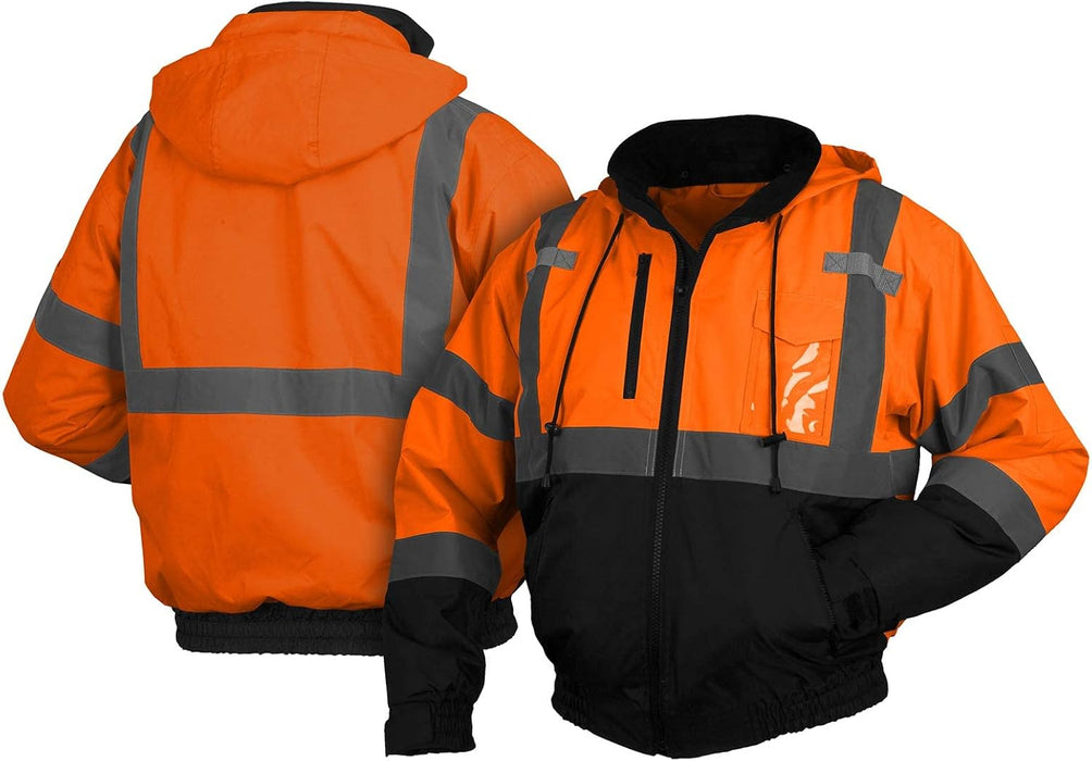 Pyramex RJ31 Series Unisex Waterproof Class 3 Fleece Bomber Safety Jacket, Hi Vis Orange, Size Large