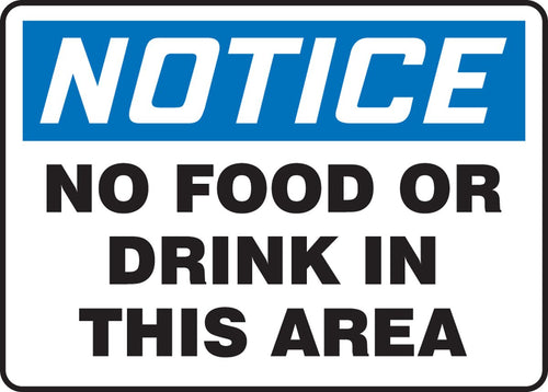 Accuform MHSK801VP Plastic Safety Sign, "Notice No Food or Drink in This Area", 7" Length x 10" Width x 0.055" Thickness, Blue/Black on White