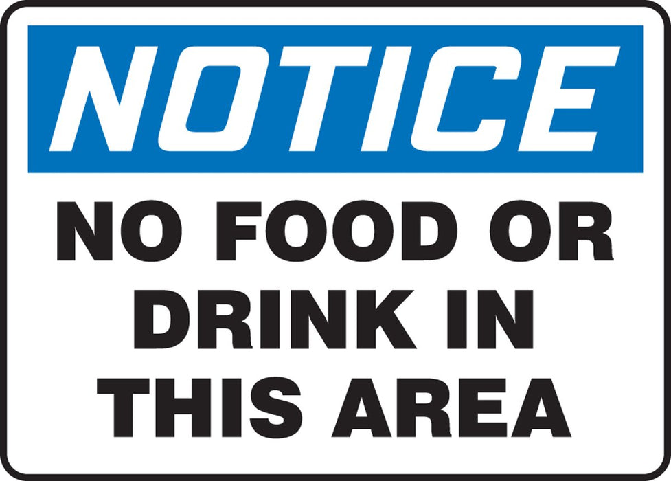 Accuform MHSK801VP Plastic Safety Sign, "Notice No Food or Drink in This Area", 7" Length x 10" Width x 0.055" Thickness, Blue/Black on White