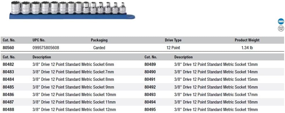 GEARWRENCH 80560 14 Pc. 3/8" Drive 12 Pt. Standard Socket Set, Metric