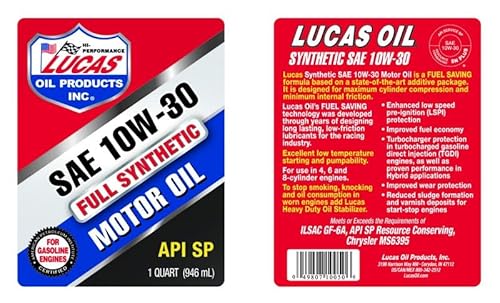 Lucas Oil Lucas OilMotor Oil, 10W30, Synthetic, 1 qt Bottle, Each