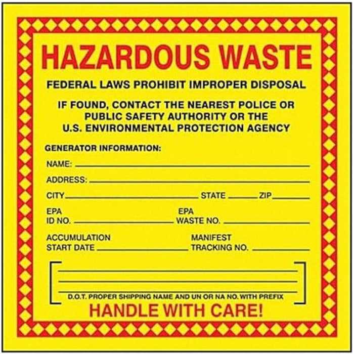 Accuform MHZW20EVC Hazardous Waste Adhesive-Poly Vinyl Label, "Hazardous Waste - Federal Laws PROHIBIT Improper Disposal...Handle with Care", 6" x 6", Adhesive-Poly Vinyl (Pack of 100)