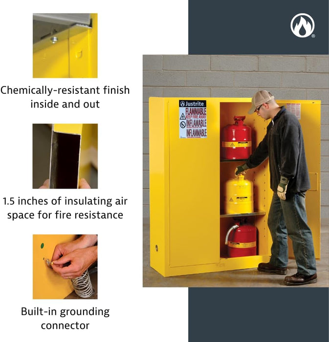 Justrite 896000 60 Gallon Manual Close Flammable Storage Cabinet, 18 Gauge Steel, 2 Shelves, 2 Door Fire Cabinet, 65" x 34" x 34", Yellow