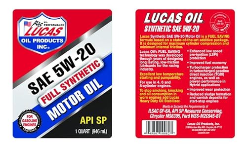 LUCAS OIL Synthetic 5W-20 High Performance Motor Oil 1 Quart Bottle, Pack of 1