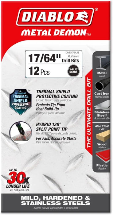 Diablo DMD1764JB Metal Demon Drill Bit with Thermal Shield Protective Coating for Mild, Hardened and Stainless Steel - 4.3" Length, 17/64" Dia., 3-Flats Shank
