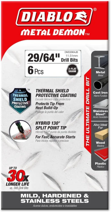Diablo DMD2964JB Metal Demon Drill Bit with Thermal Shield Protective Coating for Mild, Hardened and Stainless Steel - 5.6" Length, 29/64" Dia., 3-Flats Shank