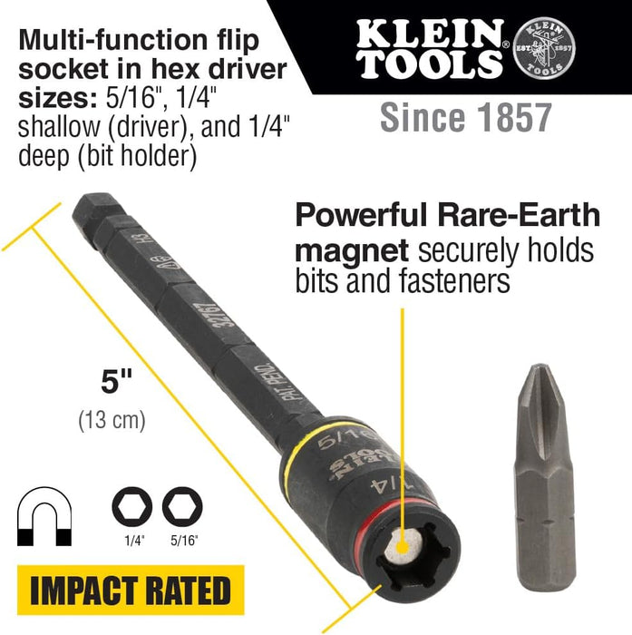 Klein Tools (32767) Impact Driver, SAE 3-in-1 Impact Socket and Bit Holder, Flip Socket with 1/4-Inch and 5/16-Inch Hex Drivers, 5-Inch Length (Pack of 1)