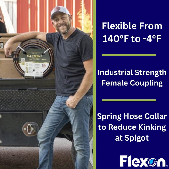 Flexon Flextreme Pro 5/8" x 100ft Performance Rubber Garden Hose, Heavy-Duty, Kink-Resistant, All-Weather Flexibility, Industrial-Grade Couplings