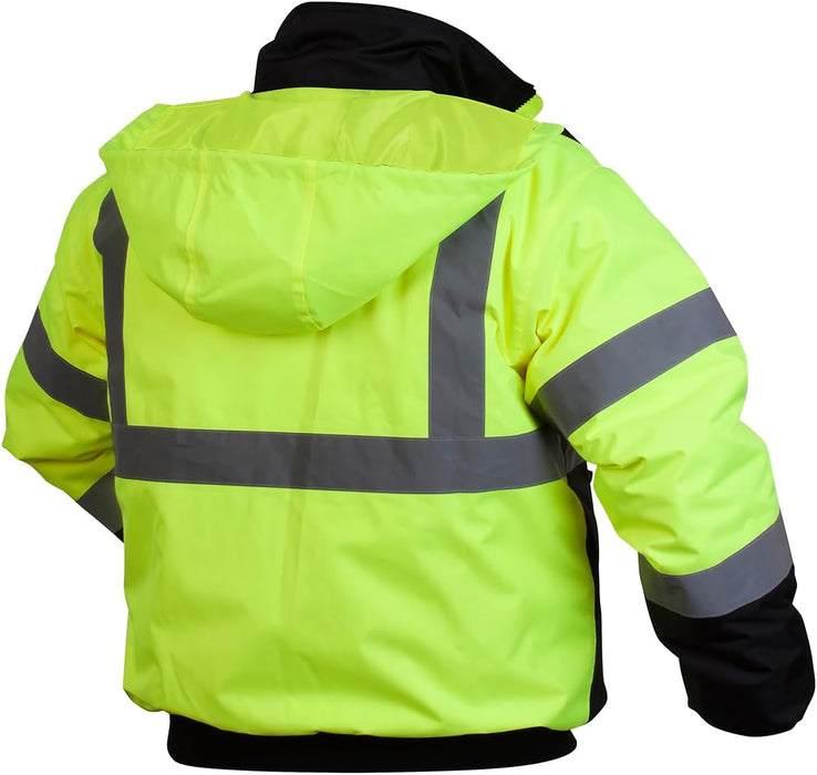 Pyramex RJ3210L Unisex Safety Jacket Hi-Vis Lime Bomber Jacket with Quilted Lining - Large