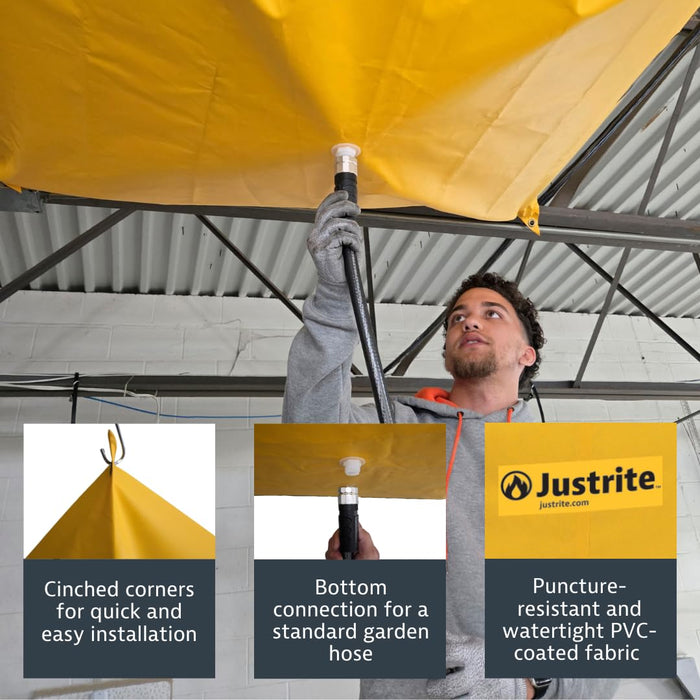 Justrite 28300 Ceiling Leak Diverter Tarp with Hose Connection and Corner Grommets, 5' x 5' Puncture-Resistant and Watertight PVC-Coated Fabric for Temporary Leak Fix