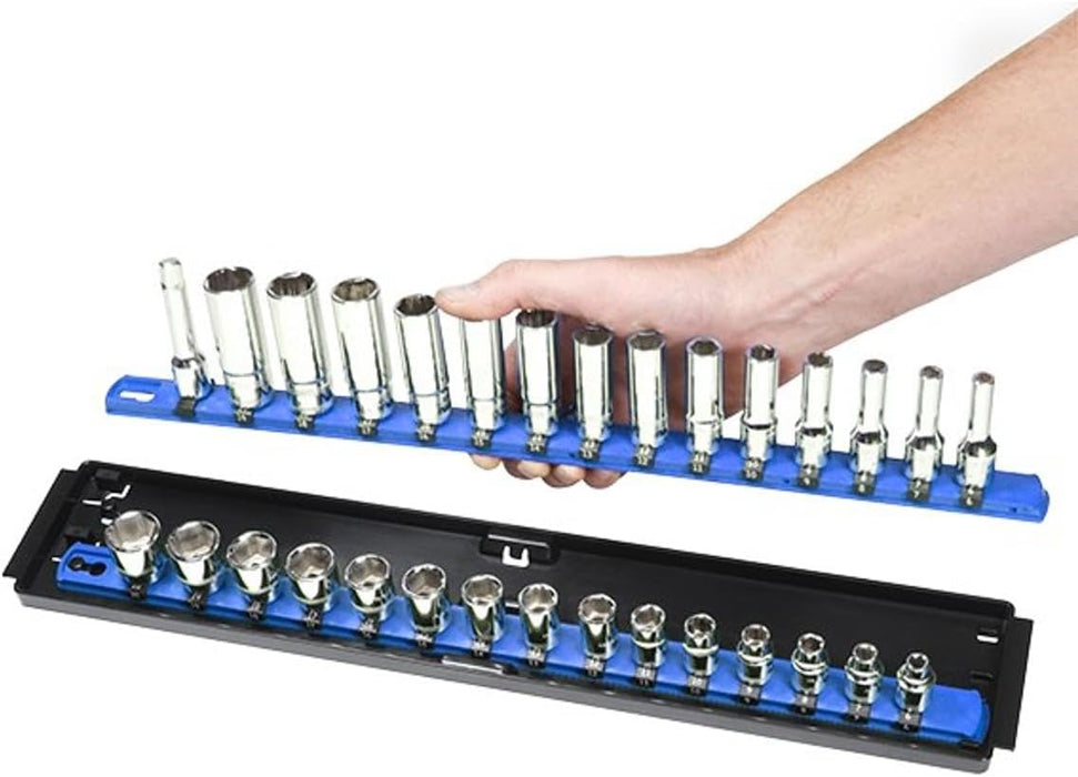 Ernst Manufacturing 19-Inch Socket Boss Organizer with Twist-Lock 2 Rails for 1/2-Inch Drive Sockets, Blue, Model 8457 – Secure and Durable Socket Storage Solution - Made in USA 19-INCH 1/2" Blue