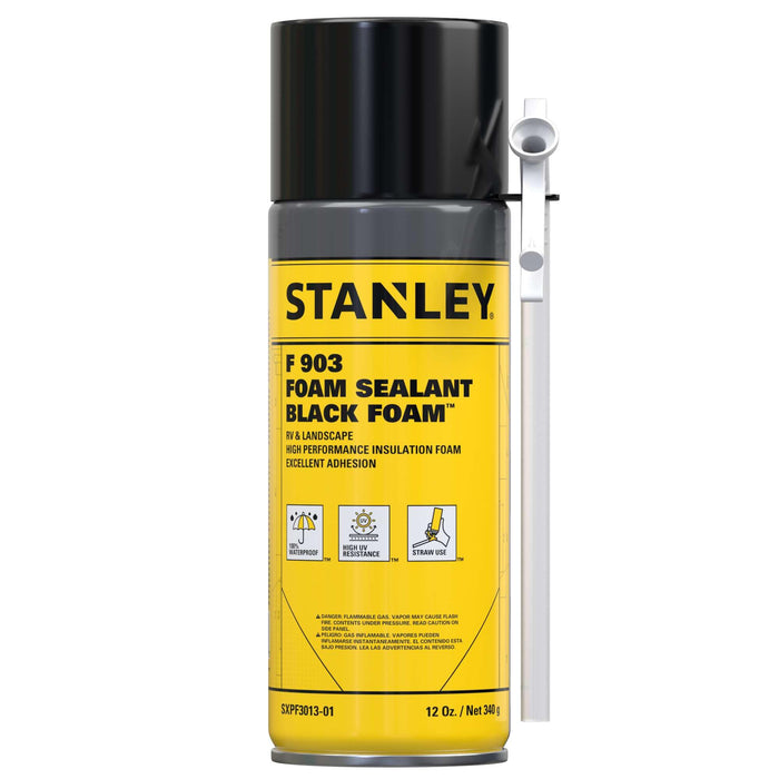 Stanley F903 Black Spray Foam Sealant, 12 oz, Waterproof Expanding Polyurethane Foam for RV, Pond, Waterfall, Landscape & Automotive Applications, UV Resistant, Gap Filler Foam (Pack of 1)