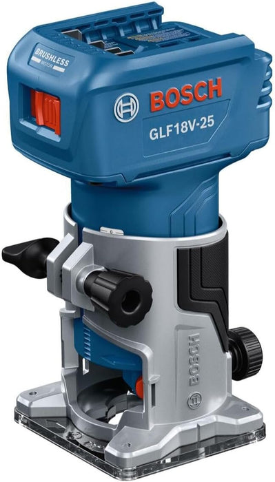BOSCH GLF18V-25N 18V Laminate Trim Router - Powerful Brushless Motor, 10,000-30,000 RPM, Lightweight, Ergonomic, Enhanced Dust Extraction, Quick Depth Adjustments for Precise Trimming