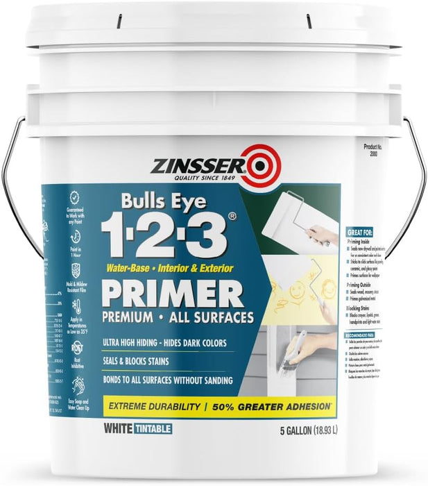 Zinsser 2000 Bulls Eye 1-2-3 Water-Base Primer, 5 Gallon, White, 640 Fl Oz