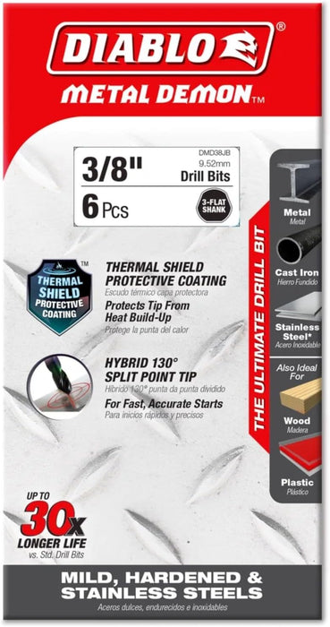 Diablo DMD38JB Metal Demon Drill Bit with Thermal Shield Protective Coating for Mild, Hardened and Stainless Steel - 5.2" Length, 3/8" Dia., 3-Flats Shank