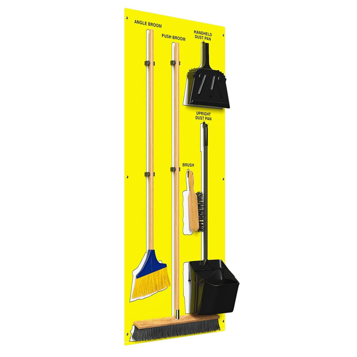 Clean & Sweep PSB116YLWT 5S Shadow Board/Wall Mount Broom Holder, 68" x 30" Board, 5S Cleaning Station with Broom and Dustpan Set Included, Yellow/White