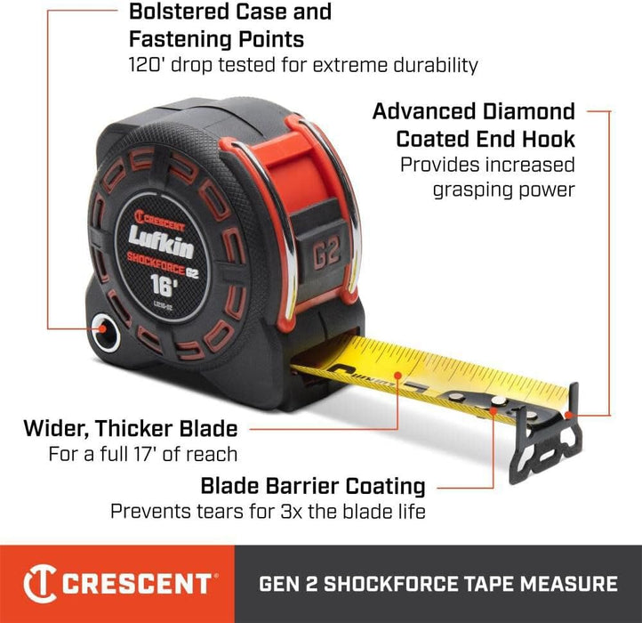 Lufkin 16-inch Shockforce G2 Tape Measure, L1216-02, Cylindrical Lock, Alloy Steel Blade and Case, 3x Blade Life, Diamond-Coated End Hook 16'