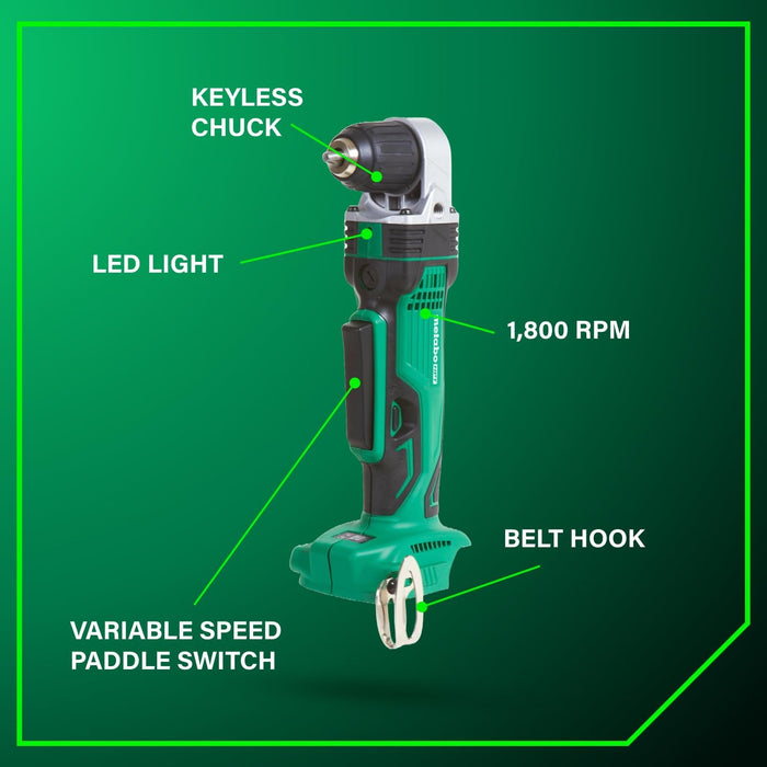 Metabo HPT 18V Lithium Ion 3/8 Inch Right Angle Drill, Keyless Chuck, Paddle Switch, Side Handle, Variable Speed, LED Light, Compact Power Drill, Tool Only, DN18DSLQ4