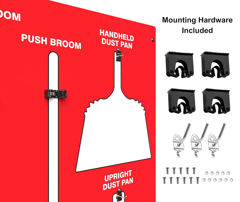 Clean & Sweep PSB116RDWT 5S Shadow Board/Wall Mount Broom Holder, 68" x 30" Board, 5S Cleaning Station with Broom and Dustpan Set Included, Red/White