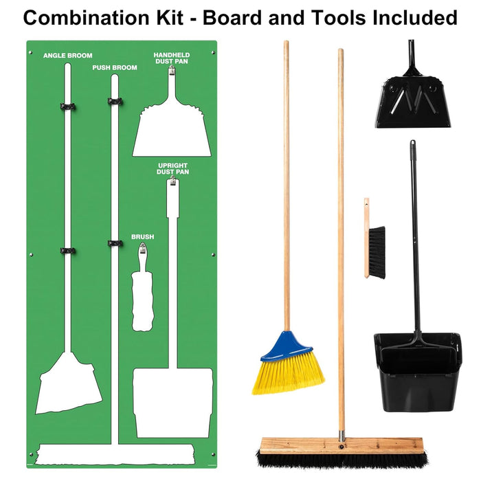 Clean & Sweep 5S Shadow Board/Wall Mount Broom Holder, 68" x 30" Board, 5S Cleaning Station - with Broom and Dustpan Set Included, PSB116GNWT Green/White Accu-Shield