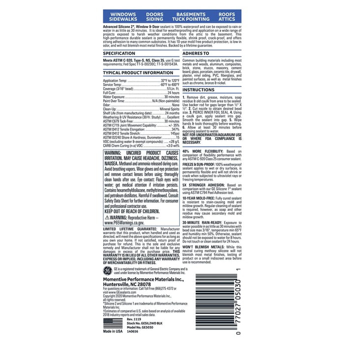 GE 2813670 Advanced Silicone 2 Window & Door Sealant, Black, 10.1 oz. (Pack of 12)