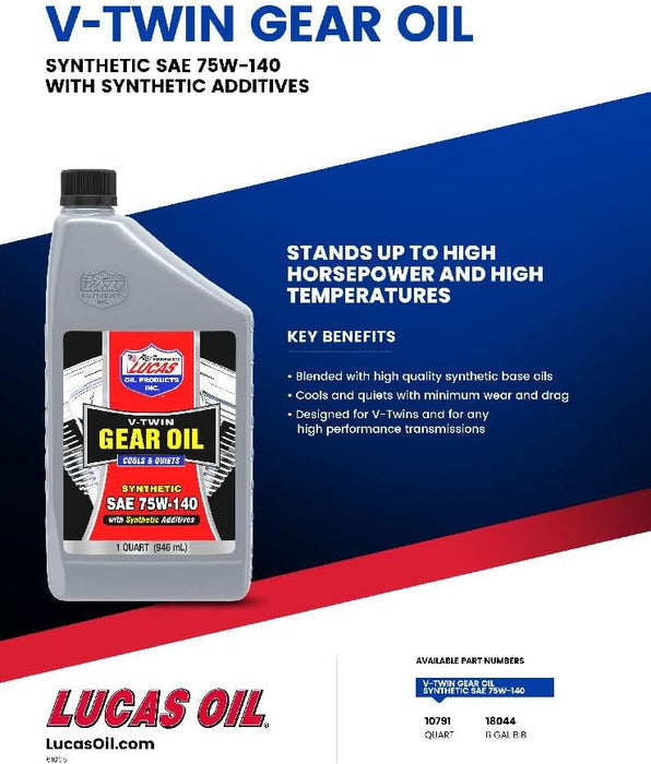 Lucas Oil 10791 Synthetic SAE 75W-140 V-Twin Gear Oil, 1 Quart