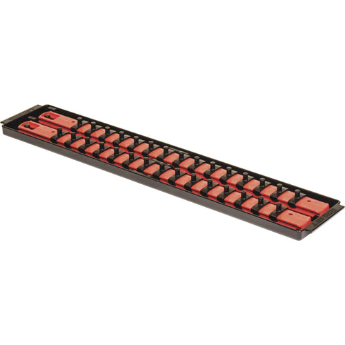 Heavy Duty Socket Organizer with Tray - Ernst Manufacturing 19-Inch Socket Boss 2-Row, 1/4-Inch-Drive Twist Lock Socket Holder, SAE, METRIC, Red (8452) - Automotive Industry - Made in USA 19-INCH 1/4" Red