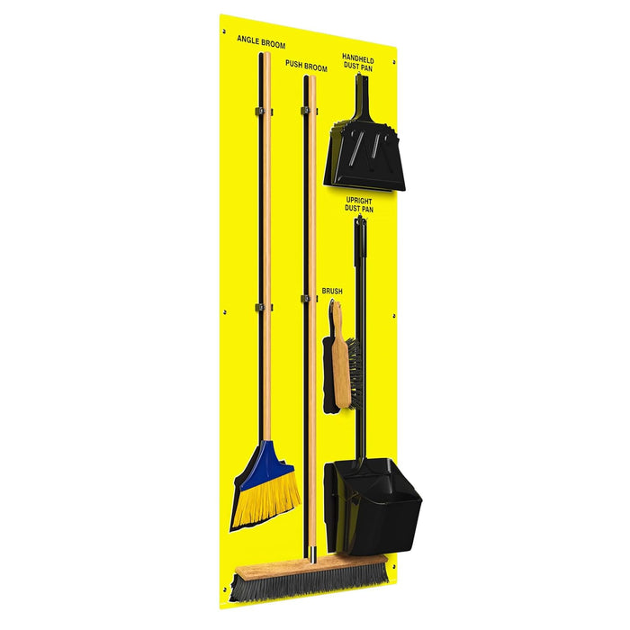 Clean & Sweep PSB716YLBK 5S Shadow Board/Wall Mount Broom Holder, 68" x 30" Board, 5S Cleaning Station with Broom and Dustpan Set Included, Yellow/Black