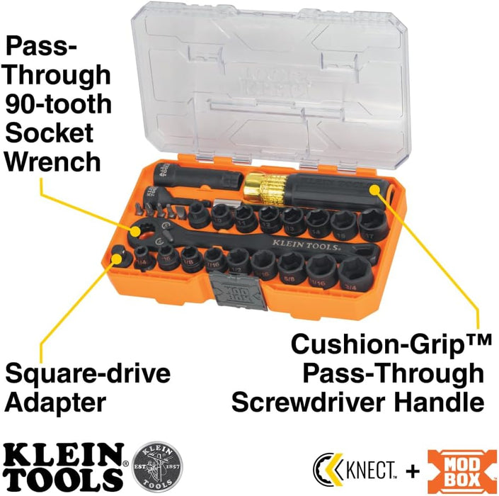 Klein Tools 65400KNECT KNECT Essential Pass Through Impact Socket Set, SAE, Metric, 28-Piece